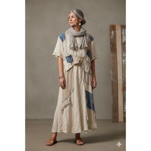 Vintage A. Spence mixed media lagen look maxi skirt cream and denim